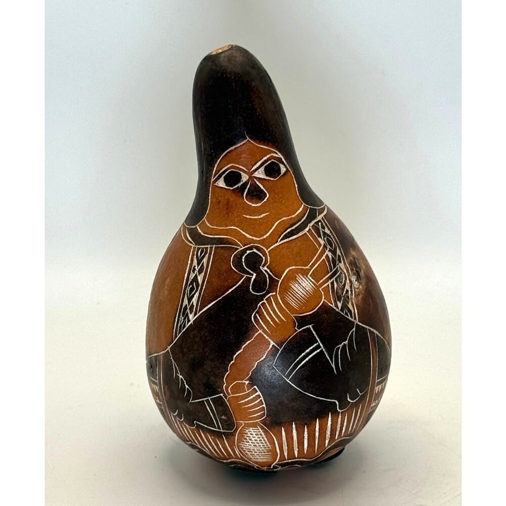 Hand Carved Gourd Folk Art Musician‎ Figurine Burned Etched Decor